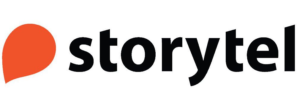 Storytel logo featuring an orange speech-bubble icon and bold black typography stoytel stoytel