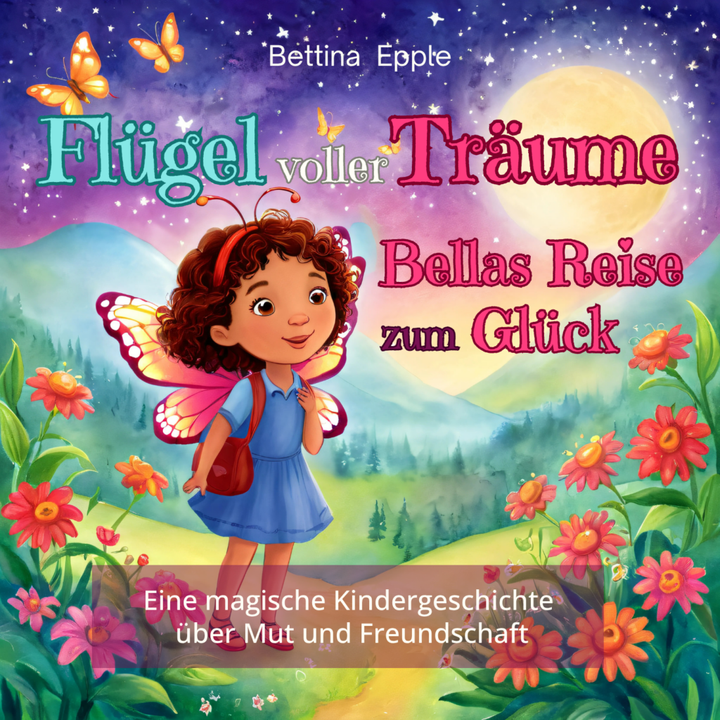 Cover illustration: a girl with butterfly wings in a colorful garden under a night sky with a full moon; title 'Flügel voller Träume'. FlügelvollerTräume_BettinaEpple FlügelvollerTräume_BettinaEpple