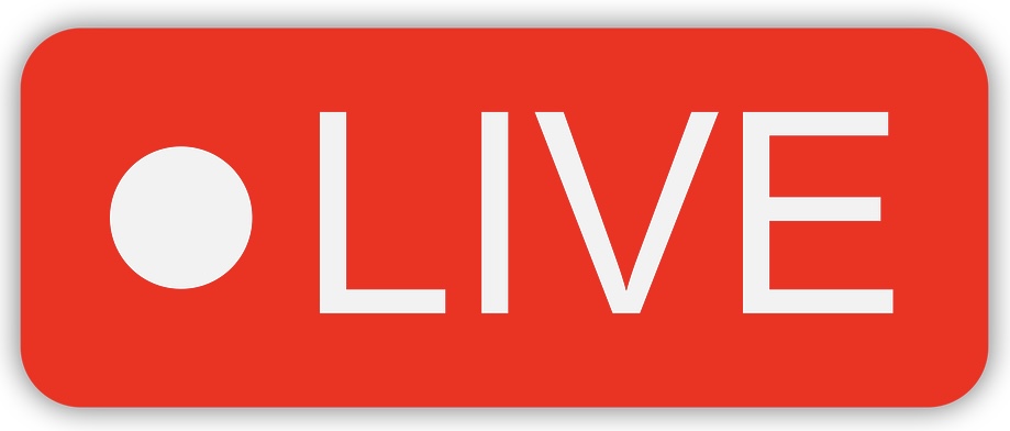 Red rounded badge showing a white dot and the word LIVE, indicating live status or broadcast